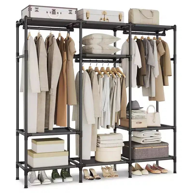 72 Inch Large Capacity Portable Closet, Heavy Duty Wardrobe Closet Organizer with Hanging Rails and Shelves, Ink Black