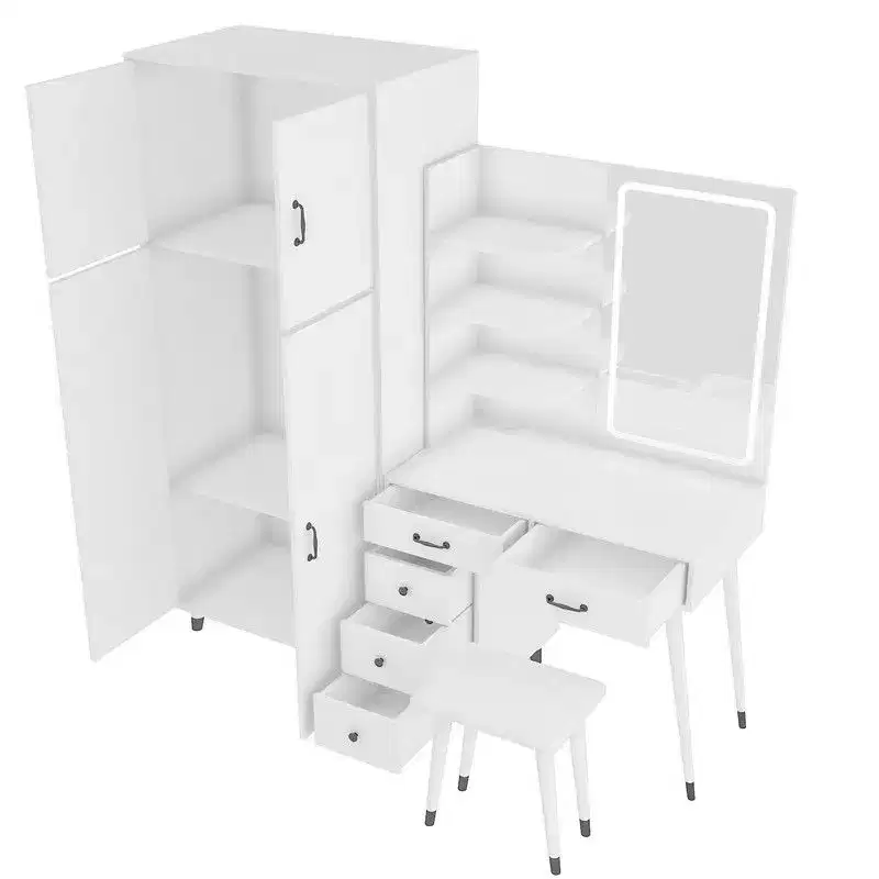White Linen Particle Board Four-Door Five-Drawer Dresser Set with Interchangeable Left and Right Drawer Compartments