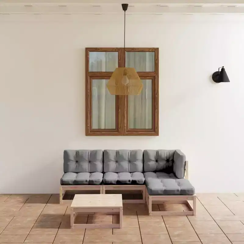 vidaXL Patio Furniture Set 5 Piece Outdoor Sectional Sofa Solid Wood Pine - Natural With Cushions