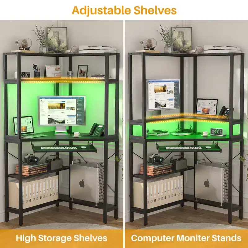 Corner Computer Desk with Hutch, Gaming Desk with Keyboard Tray for Home Office