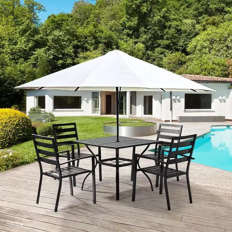 VINGLI 5-Piece Outdoor Dining Set, Metal Patio Dining Set for 4, Square Dining Table with Umbrella Hole & 4 Patio Chairs for Porch, Balcony