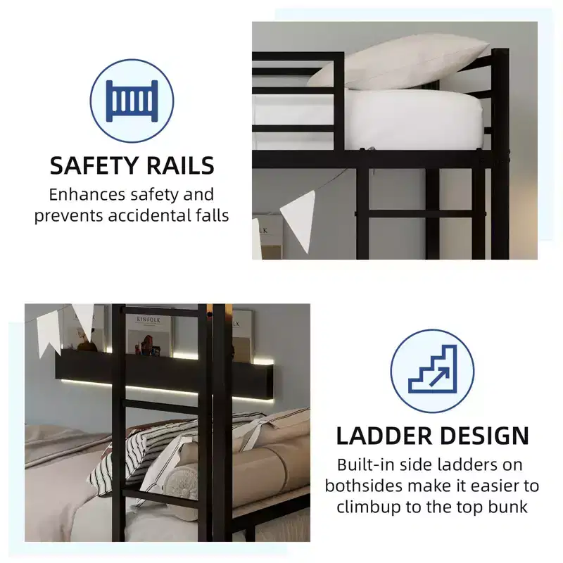 Modern Metal Bunk Bed with Safety Guardrail and Ladder Design