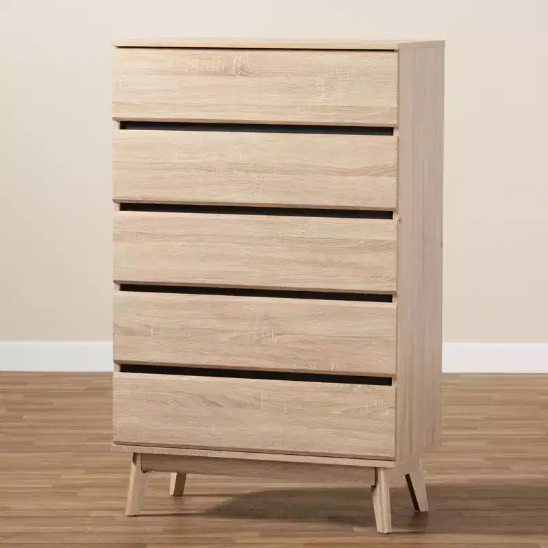 Mirren Light Oak 5 Drawer Chest Brown/Dark Gray: Wood Composite, Vertical Storage, Includes Anti-Tip Hardware