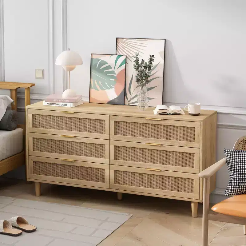 59.06-inch 6-Drawer Rattan Storage Cabinet with White Drawer Slides, Suitable for Bedrooms, Features Storage Space,Natural
