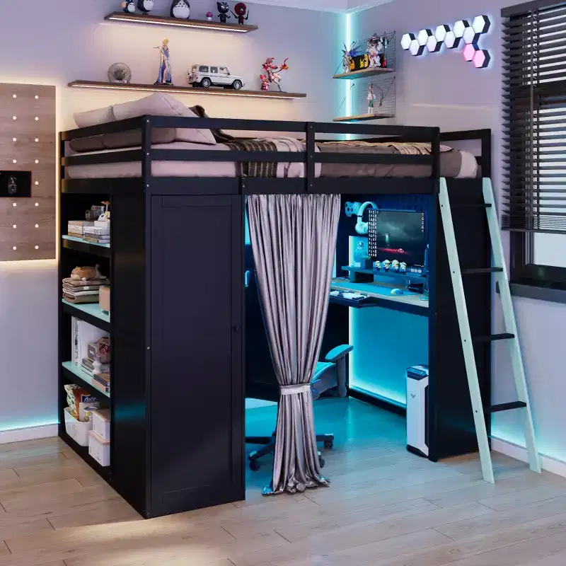 Full Size Gaming Loft Bed with Desk & RGB Lights, Full Wood Loft Bed Frame with Storage Wardrobe, Shelves & Blackout Curtains