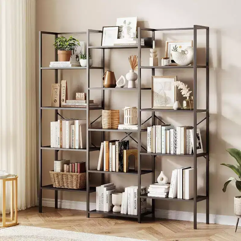 Triple Column 5-Tier Bookshelf, 14 Adjustable Display Shelves, Wide Industrial Bookcase for Living Room, Office, Rustic Brown