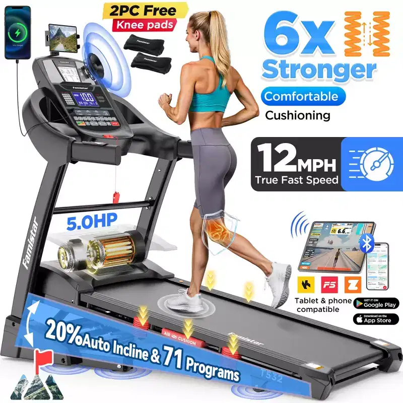 5.0HP Folding Treadmill for Home w/ 20 Auto Incline,Smart APP,300lb,HiFi Bluetooth Speakers,64 Programs,12MPH Speed,Foldable Treadmill Running Machine