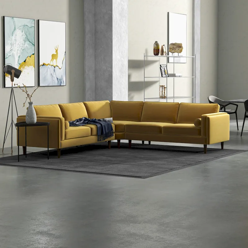 Gold Velvet L-Shaped Corner Sectional Sofa, 5-Seater