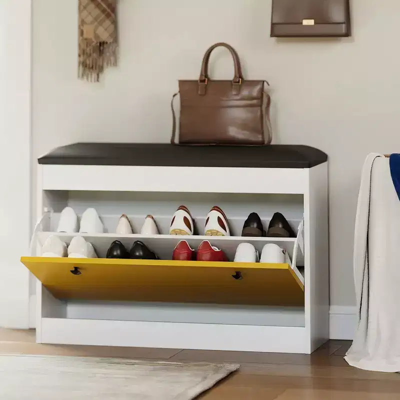 31.5 Shoe Storage Bench, Modern Entryway Shoe Cabinet, Flip Drawer and Seat Cushion, for Hallway, Bedroom, Living Room