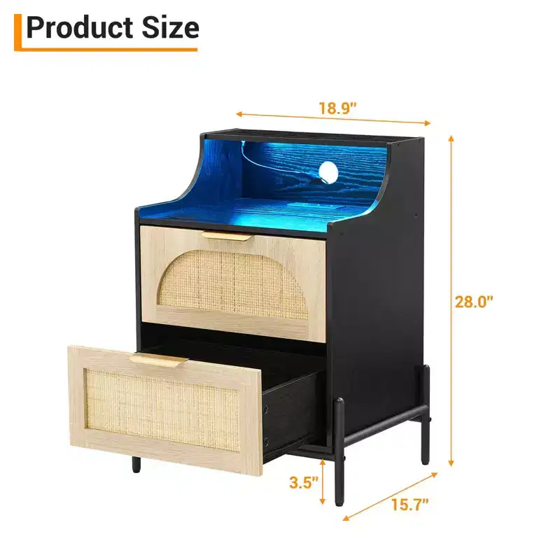 COZONY 2-Drawer Rattan Nightstand w/ Charging Station & LED Lights for Bedroom & Living Room