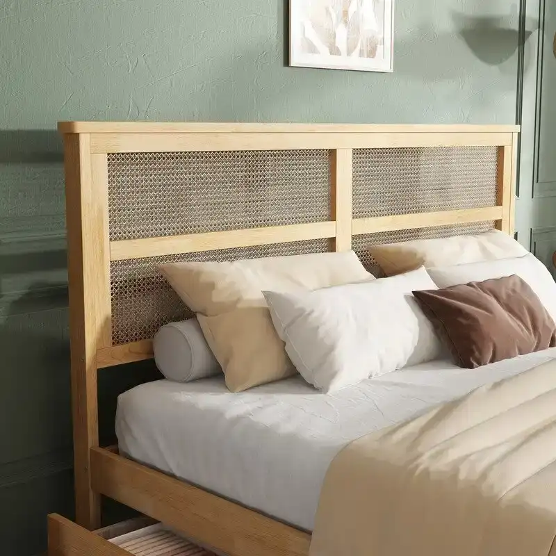 Rubber Wood & PVC Rattan King Platform Bed with 2 Drawers 84.7