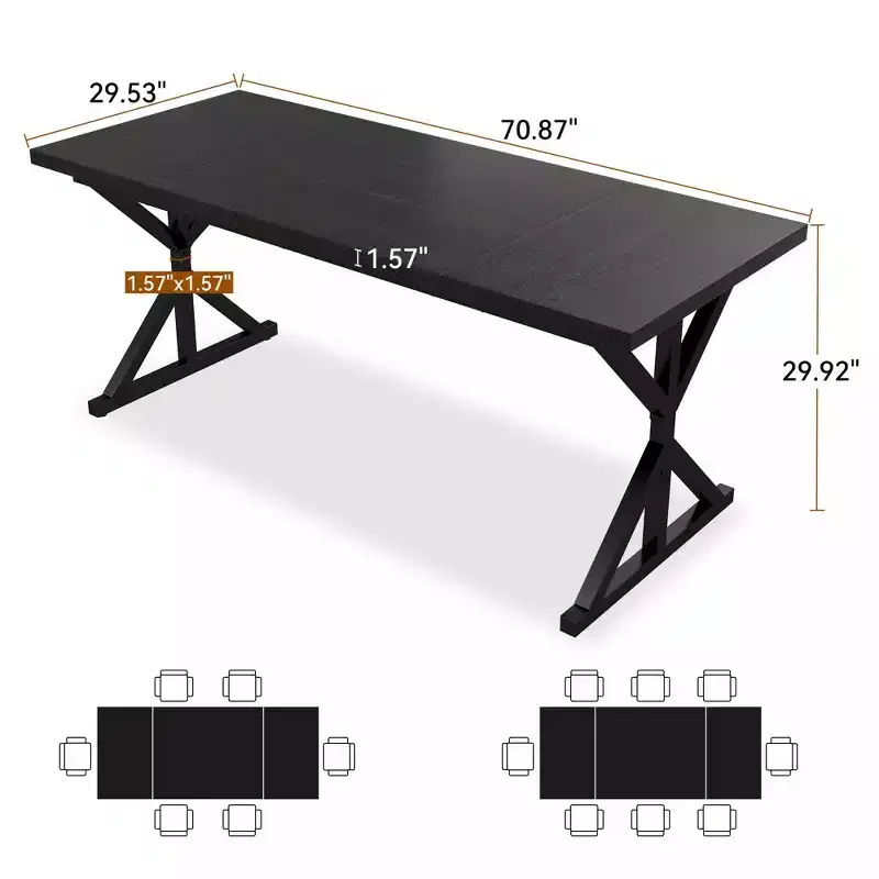 Dyonery 70.8 Farmhouse Dining Table for 6-8 People, Rustic Rectangular Solid Wood Kitchen Table with Metal X-Legs, Water-Resistant & Easy Assembly