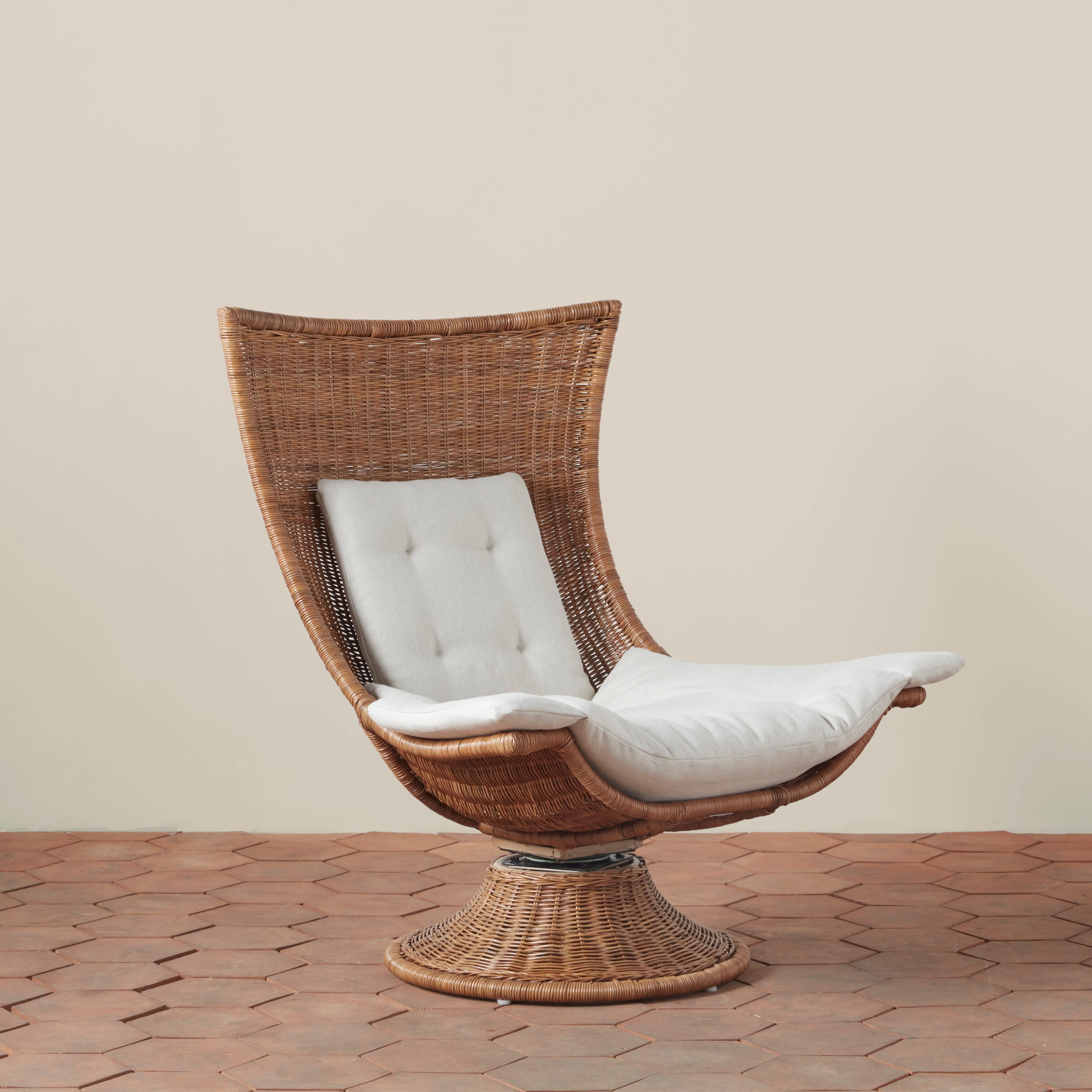 High-Back Handwoven Indonesian Rattan & Boucle Outdoor Swivel Chair with Upcycled Cushion for Patio