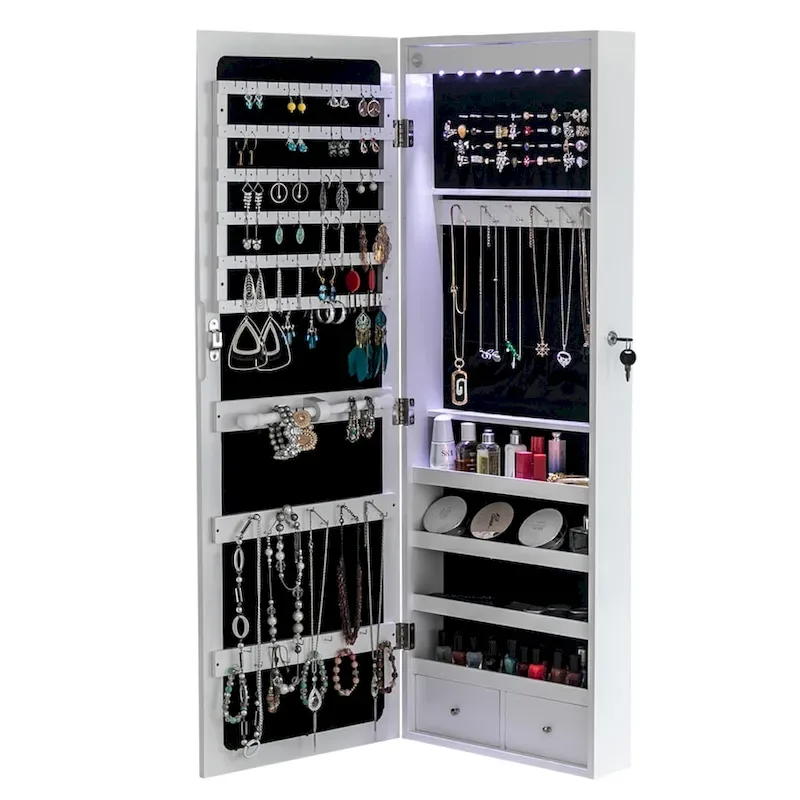 4-Layer Shelf, 2 Drawers, 8 Blue LED Lights, Jewelry Storage Mirror Cabinet