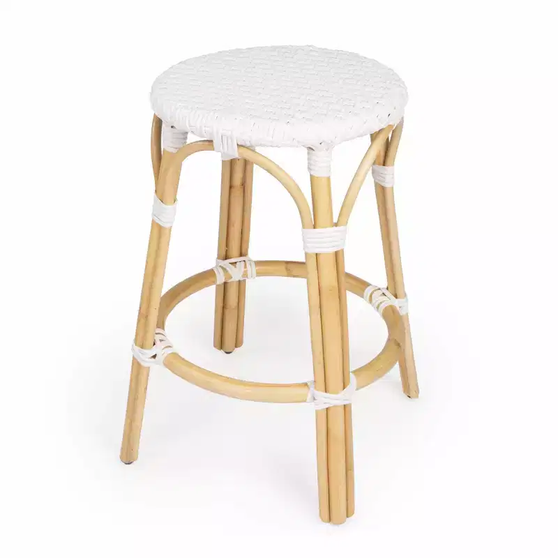 HomeRoots 24 White and Natural Heavy Duty Rattan Backless Counter Height Bar Chair