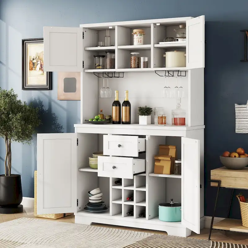 Bar Kitchen Cabinet with Storage,Farmhouse Wine Cabinet with Drawers Shelves and Cabinets,Buffet Cabinet Wine & Glass Racks