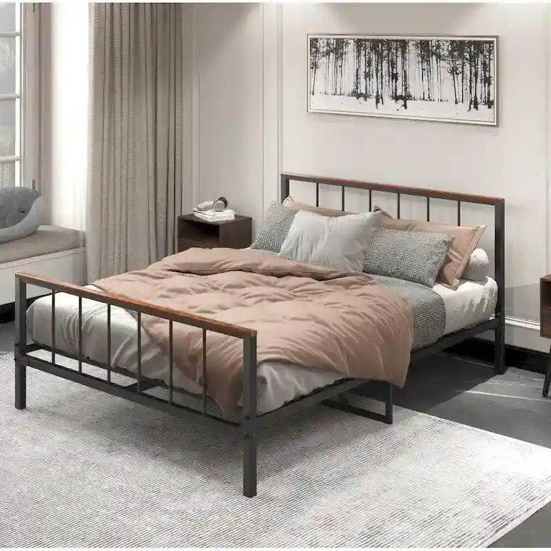 Black Metal Platform Bed Frame with Headboard & Footboard – Queen, Fits 2–3