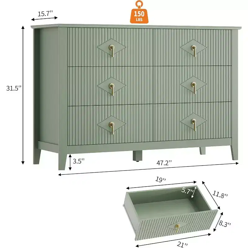 Acekool 47.2 6-Drawer Fluted Dresser, Modern Storage Chest for Bedroom, Living Room