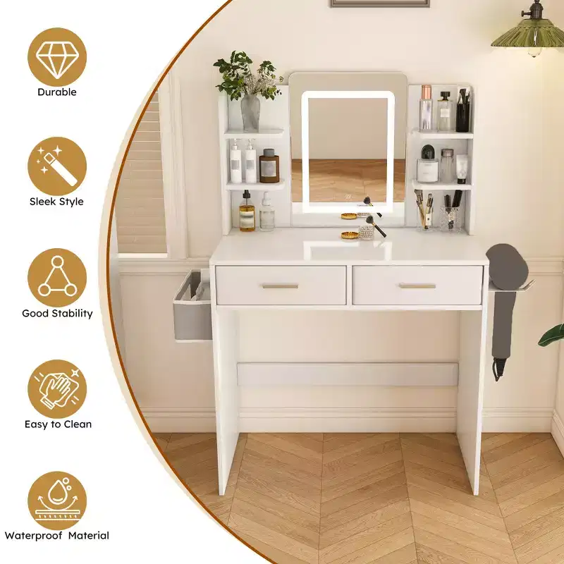 LED mirrored vanity table suitable with integrated lighting 3-color adjustable light strip, 2 large drawers, hair dryer holder White