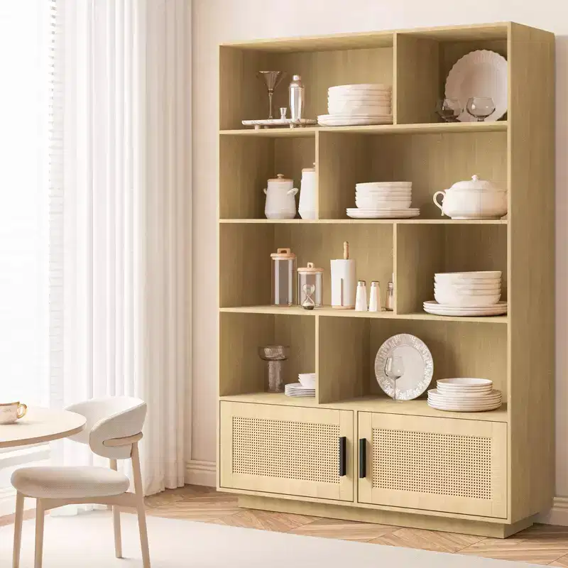 Natural Brown 5-Shelf Bookcase with Rattan Doors, 2-Door Cabinet, 1-Person Assembly