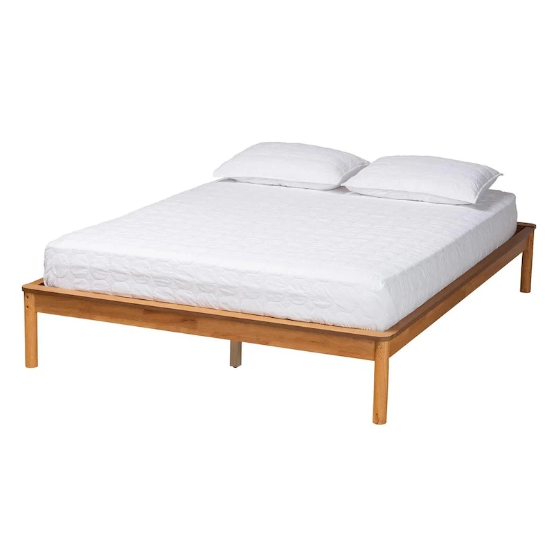 Mid-Century Modern Honey Oak Finished Wood Full Size Bed Frame