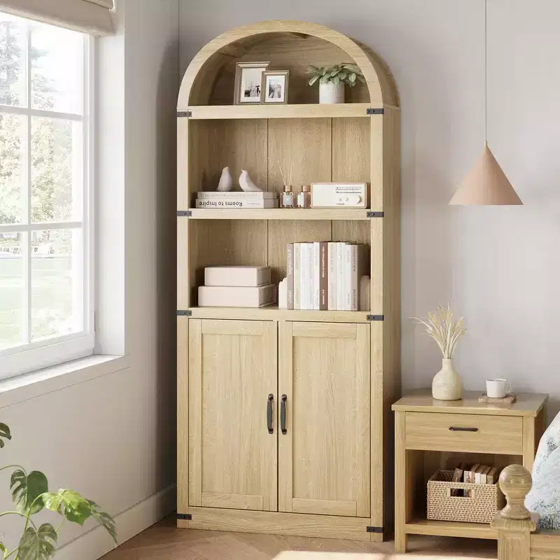 Bookcase with Doors Arched Bookshelf 71.65in Tall Bookcase Farmhouse Cabinet with Shelves Wooden Bookshelves for Home Office, Living Room