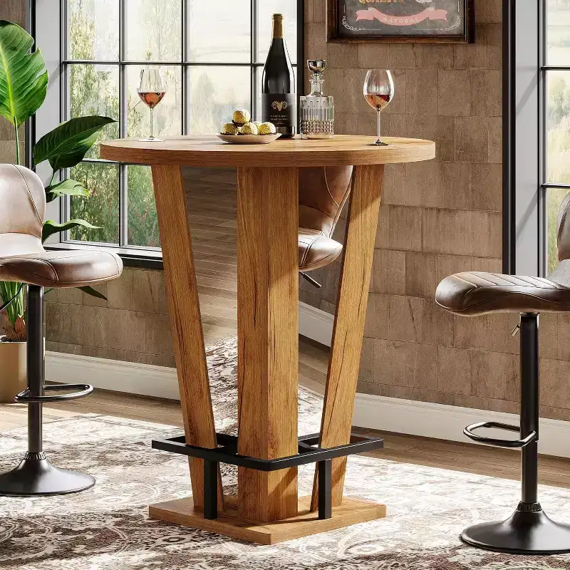Lantine Round Bar Table, 39.4 H High Top Cocktail Bistro Pub Table with Metal Footrest for Living Room, Small Space (Only Table) (Brown)