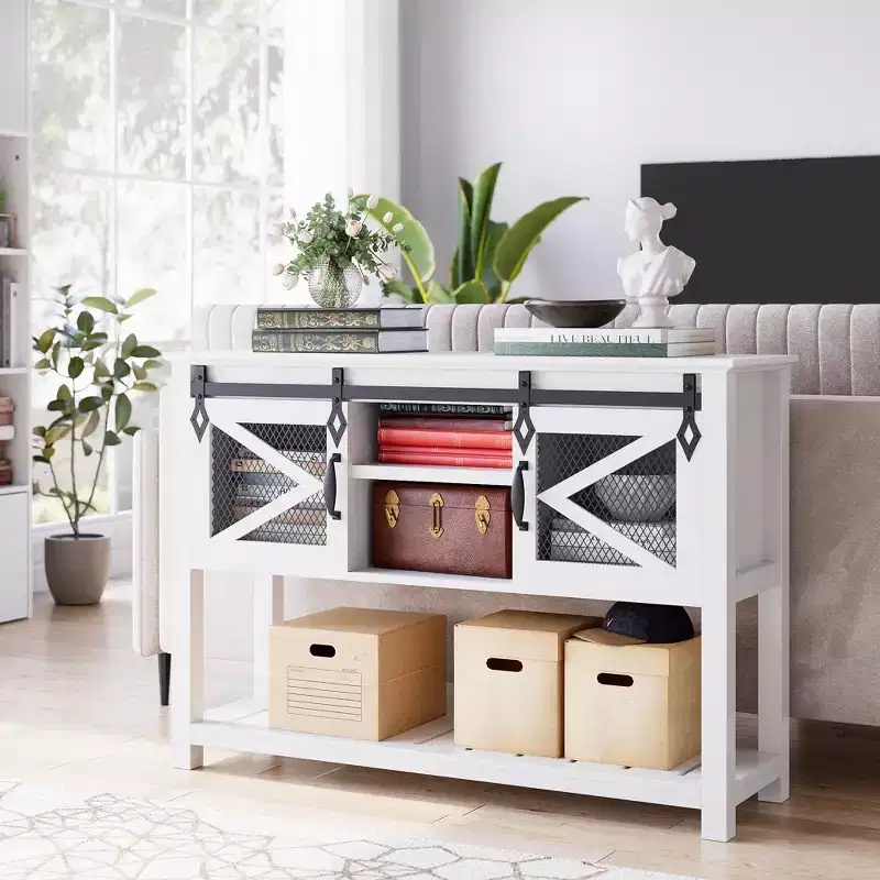 Farmhouse Entryway Table with Sliding Barn Doors, Industrial Rustic Console Tables with Storage and Open Shelf, Sofa Table