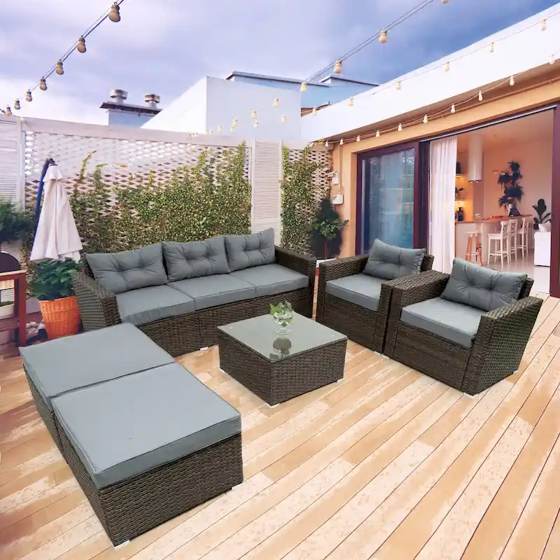 6 Piece Patio Rattan Outdoor Furniture Set, Patio Sofa Conversation Set with Coffee Table, Chairs and Ottomans