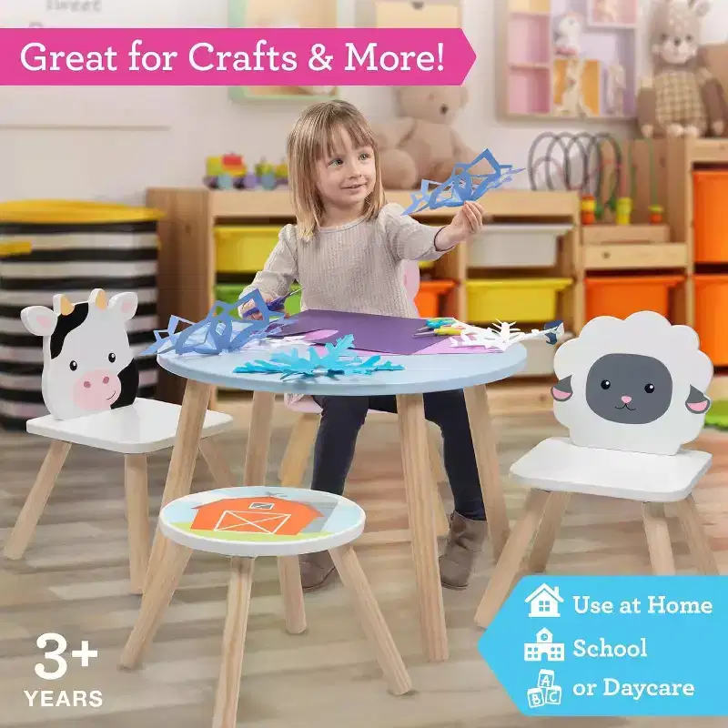 Svan Kids Wooden Animal Table & Chair Set w 3 Seats (Cow Pig Sheep) for Arts Crafts, Pretend Play- Playroom Furniture for Toddlers to Big Children