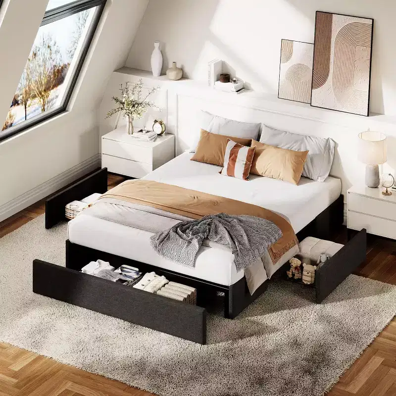 Queen Platform Bed Frame with 3 Storage Drawers  Low Profile, Slatted Base, No Box Spring, Gray
