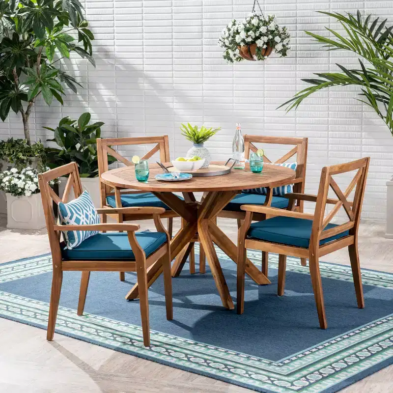 Christopher Knight Home Llano Outdoor Acacia Wood 5 Piece Dining Set with Water Resistant Cushion