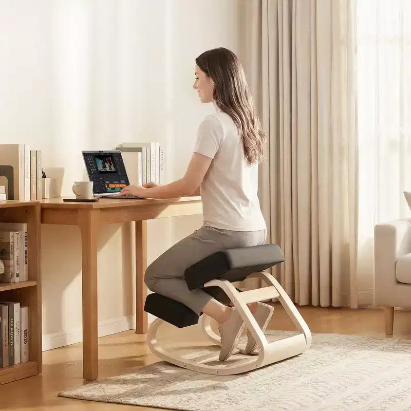 Ergonomic Kneeling Chair, Wooden Posture Knee Chair with Thick Foam Cushions and Solid Wood Frame, Adjustable Height, Black