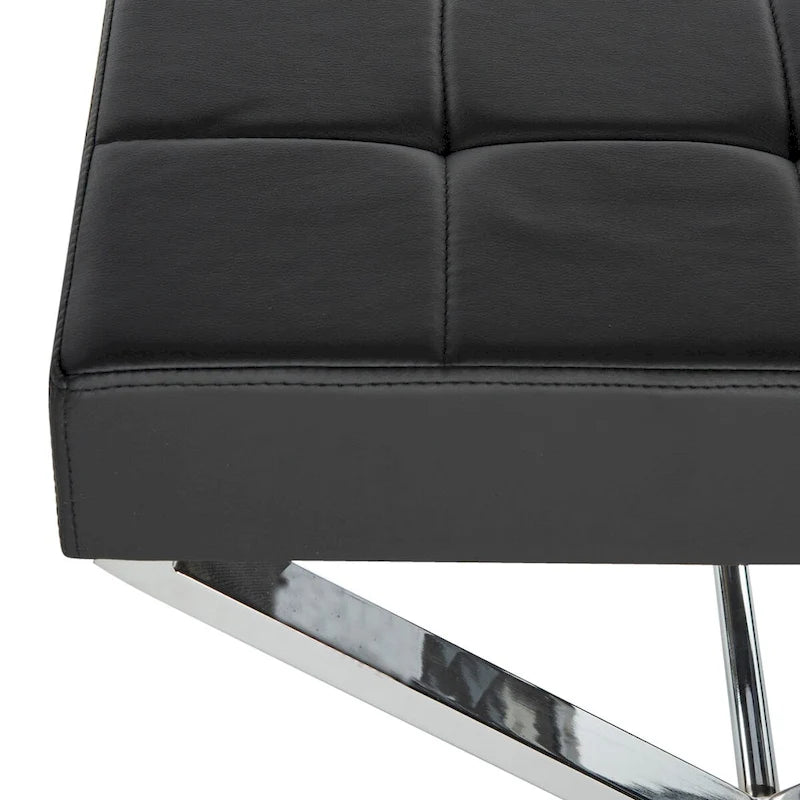 Modern Tufted Leather Ottoman with X-Frame Chrome Base