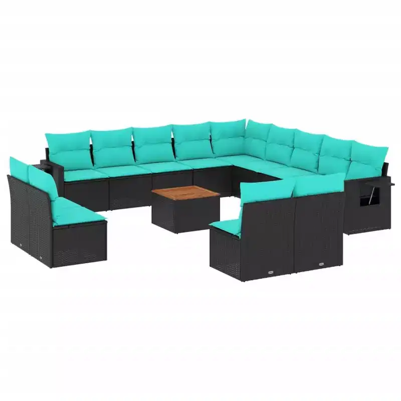vidaXL 14 Piece Patio Sofa Set with Cushions Black Poly Rattan