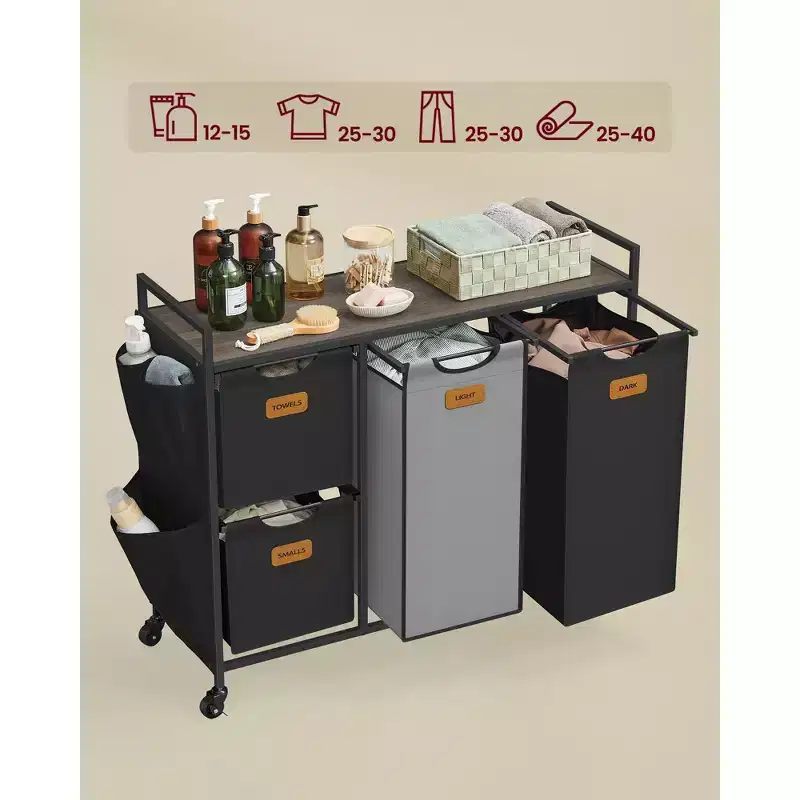 Laundry Hamper with 4 Compartments, 39.6 Gal. (150 L) Laundry Sorter, Rolling Laundry Cart with Shelves, Ink Black and Dove Gray