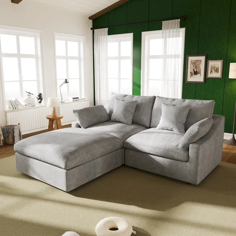 82.68 Down Filled Sectional Couch L-shape Linen Upholstered Loveseat with Ottoman