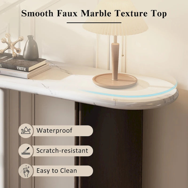 Oval Faux Marble Top Console Table Entryway Table, Narrow Sofa Table Hallway Accent Table with Triangular Base