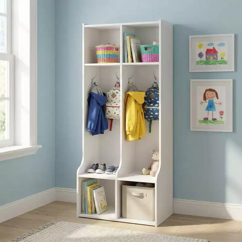 Coat Locker with 2 Sections  4 Storage Cubbies and 4 Hooks  Durable Organizer for Home, Study Room, Nursery, Kindergarten