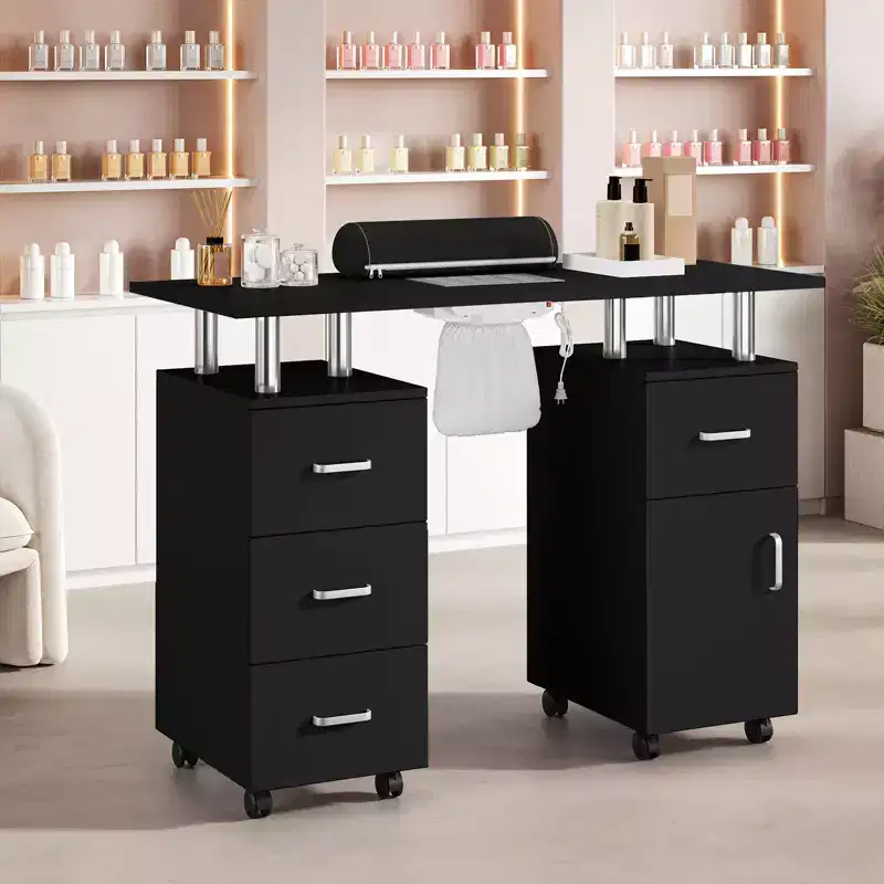 COZONY Nail Station Desk with Electric Dust Collector, 4 Drawers, Storage Cabinet, Wrist Rest & Lockable Wheels, Manicure Table for Salon and Home