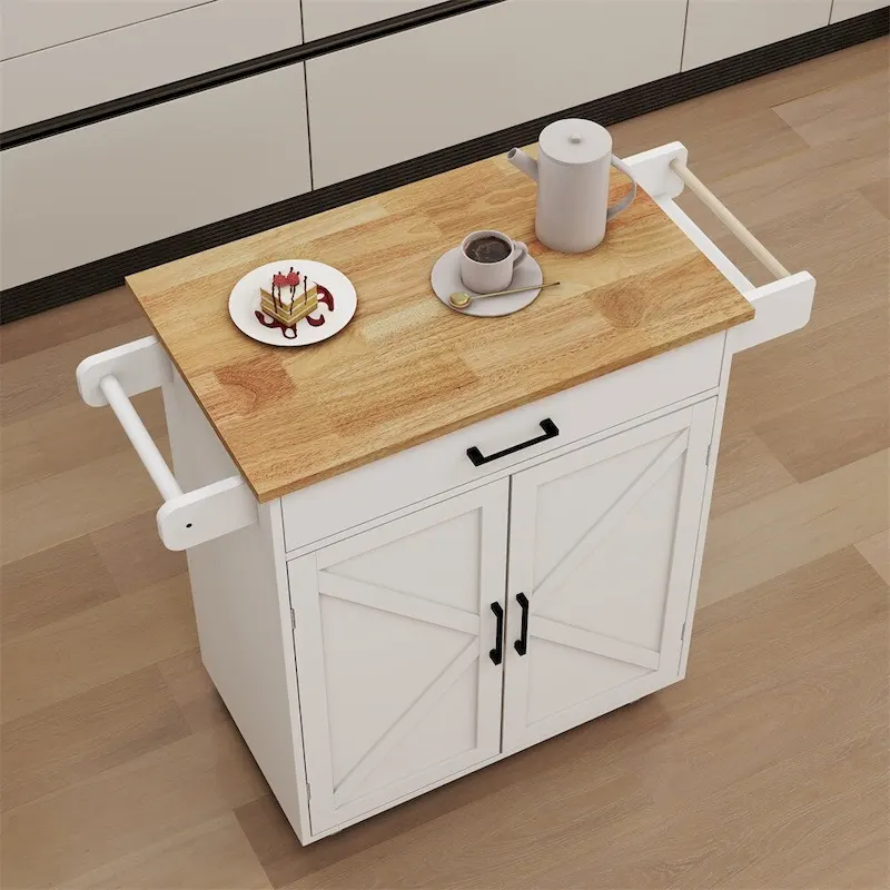 Kitchen Island Rolling Trolley Cart w/Adjustable Shelves,Wood Tabletop