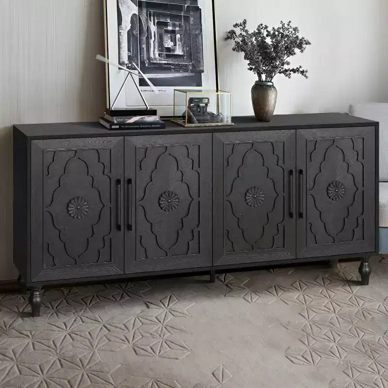 Storage Cabinet with Carved Flower Door, Entryway Cabinet with Metal Handle Sideboard for Living Room