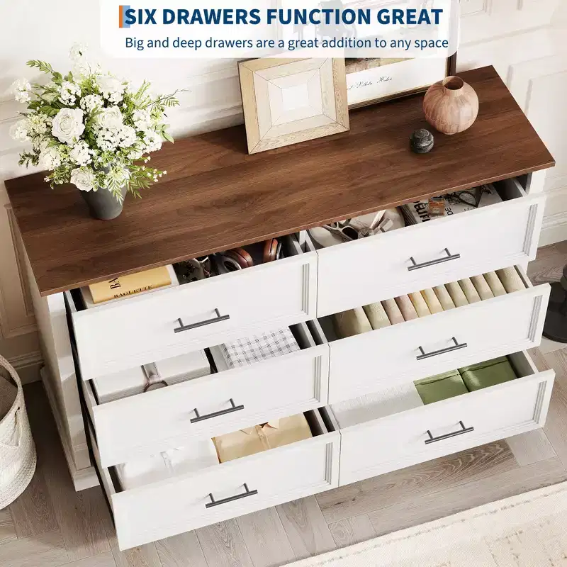 Rustic Farmhouse 6-Drawer Double Dresser, Wooden Storage Chest with Metal Handles, Multi-Use Organizer for Bedroom & Kids Room, Brown & Grey