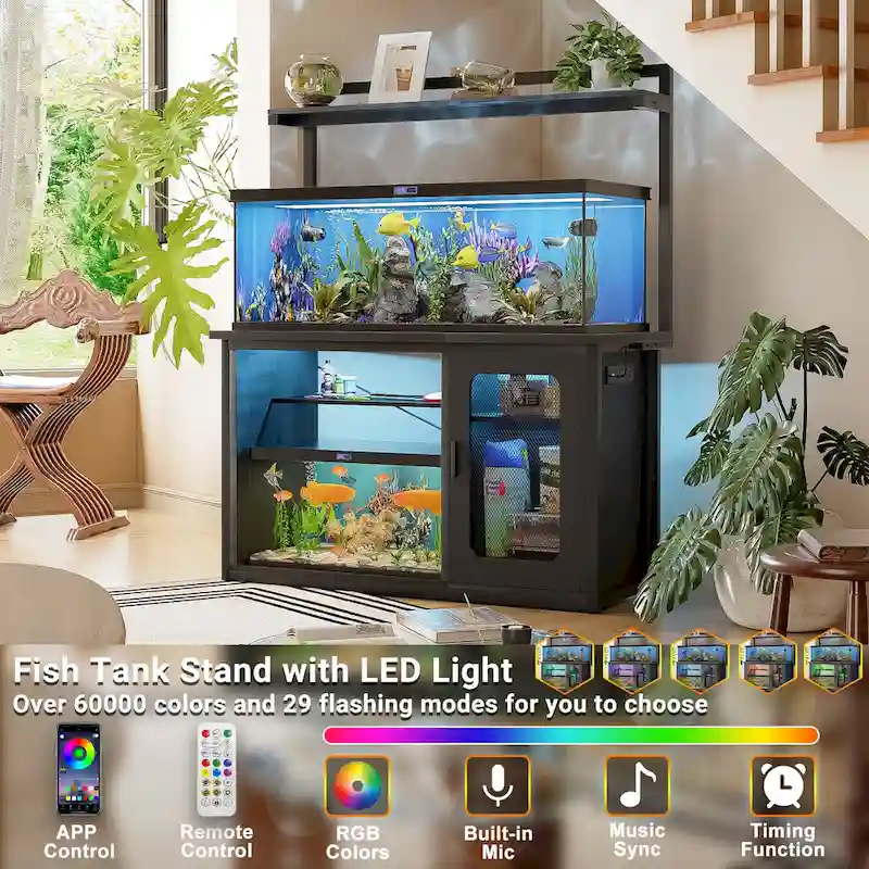 Heavy Duty Aquarium Stand with Reversible Cabinet, 55-75 Gallon Fish Tank Stand with Power Outlets & LED Light