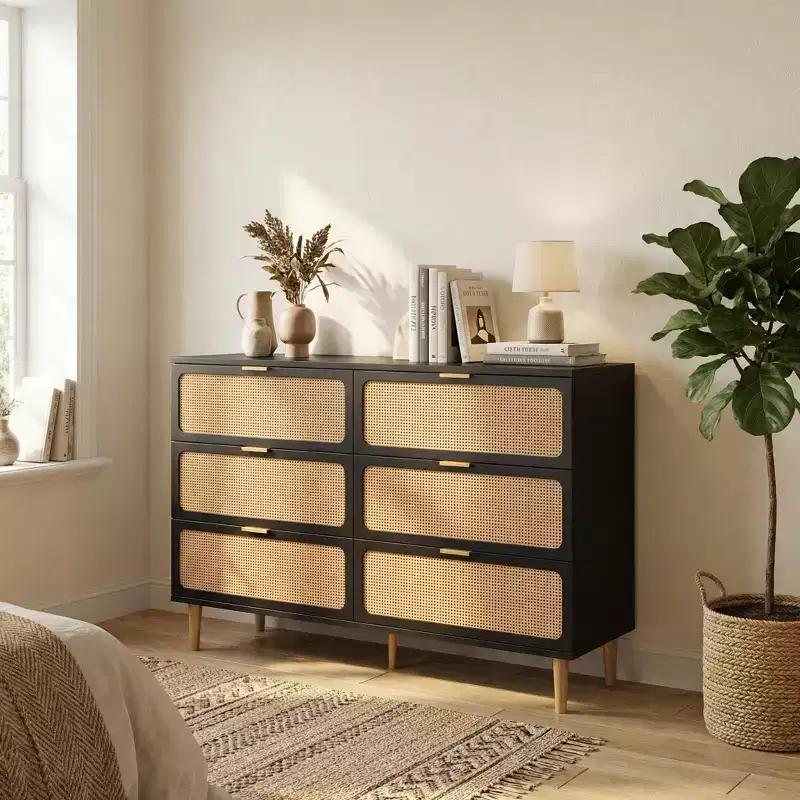 Rattan Dresser with 6 Drawers, Tall Wooden Chest with Wide Top for Bedroom, Living Room, Hallway, Black