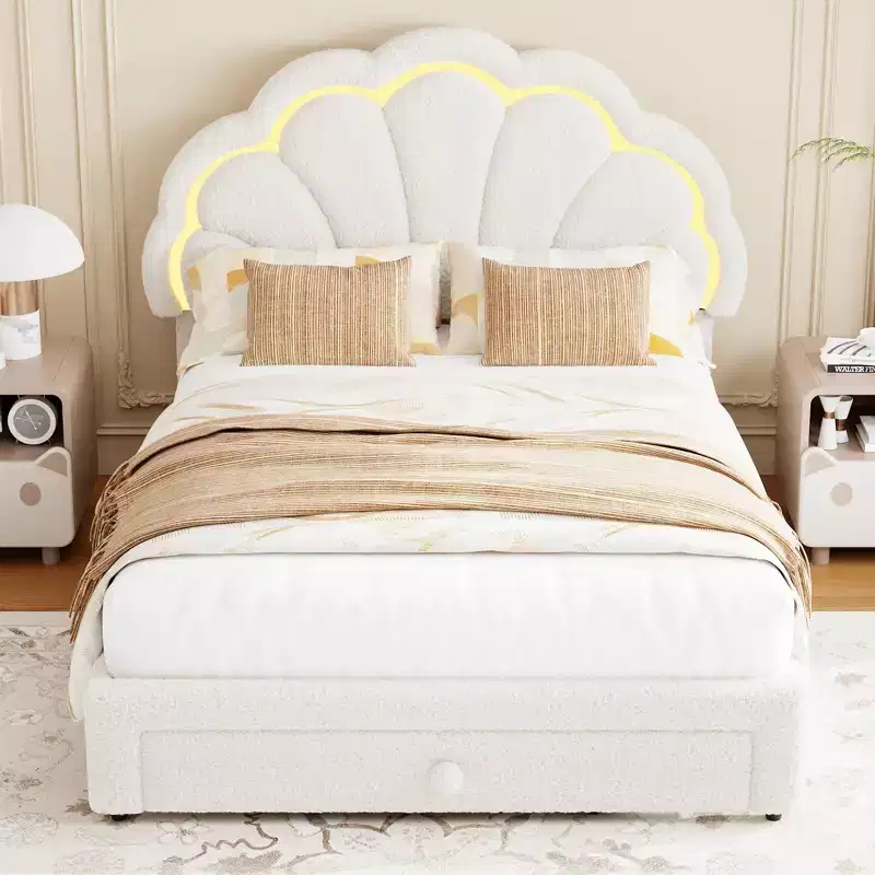 Upholstered LED Bed Frame, with Storage Drawer, Adjustable Chic Headboard, Berber Fleece Princess Platform Bed for Kids, Wood Support, No Box Spring