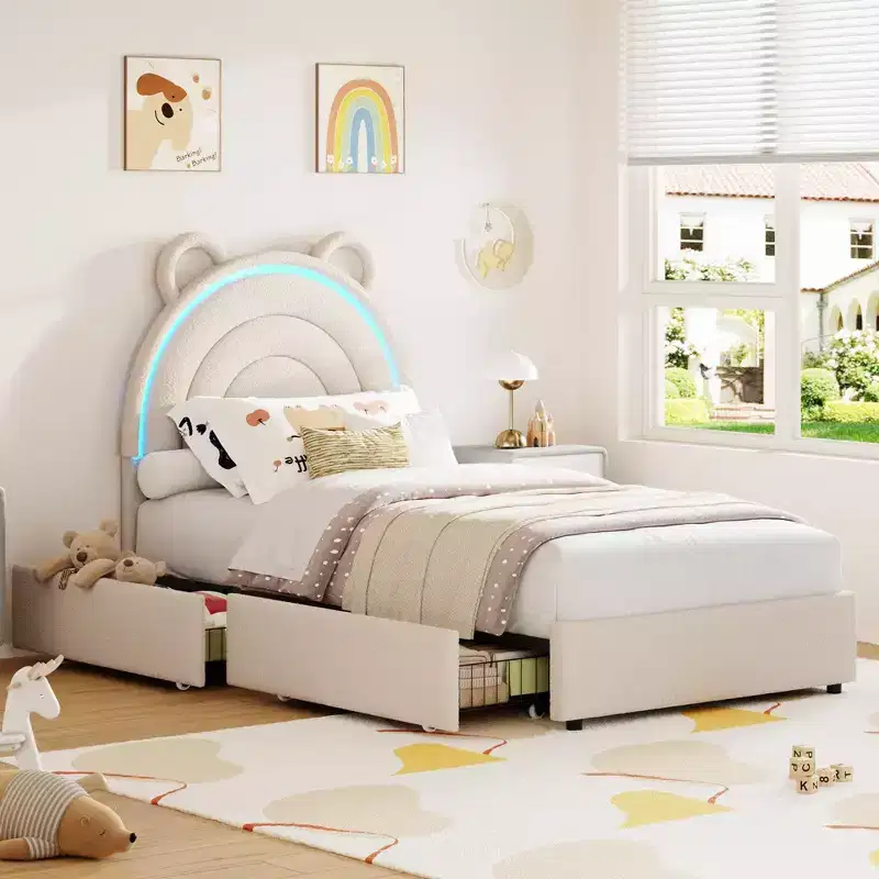 COZONY Upholstered Platform Bed w/ Storage Drawers & Decorative Headboard, Sturdy Wood Slat Support, No Box Spring Needed, Easy Assembly