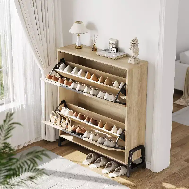 Acekool Oak Shoe Cabinet - 2 Flip-Drawer Storage Organizer with Metal Legs for Entryway & Hallway