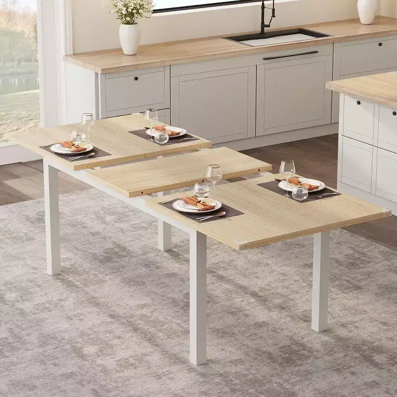 Extendable Dining Table for 46, 63 Large Wood Table with Metal Frame and MDF Top, Kitchen or Dining Room
