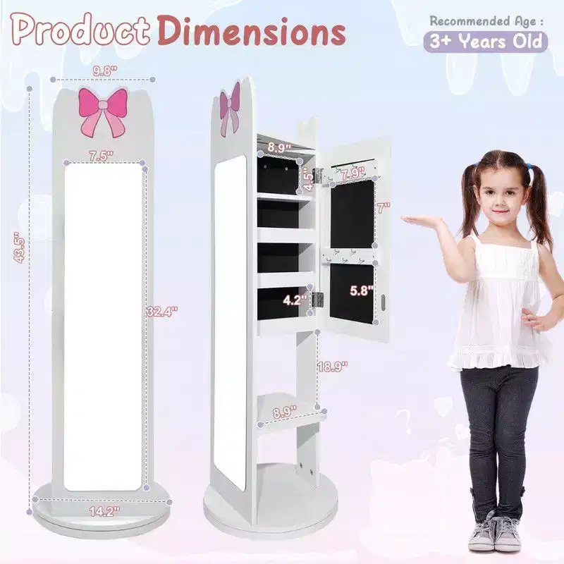 Kids MDF Jewelry Cabinet with Rotatable Base, 1 Door and 1 Shelf – White
